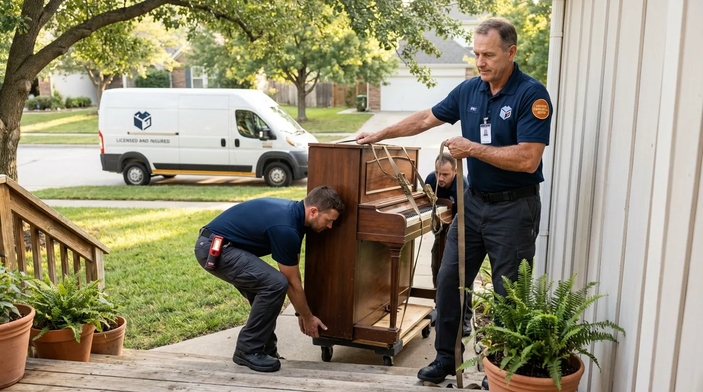 Licensed piano movers securing grand piano in Front Royal, VA