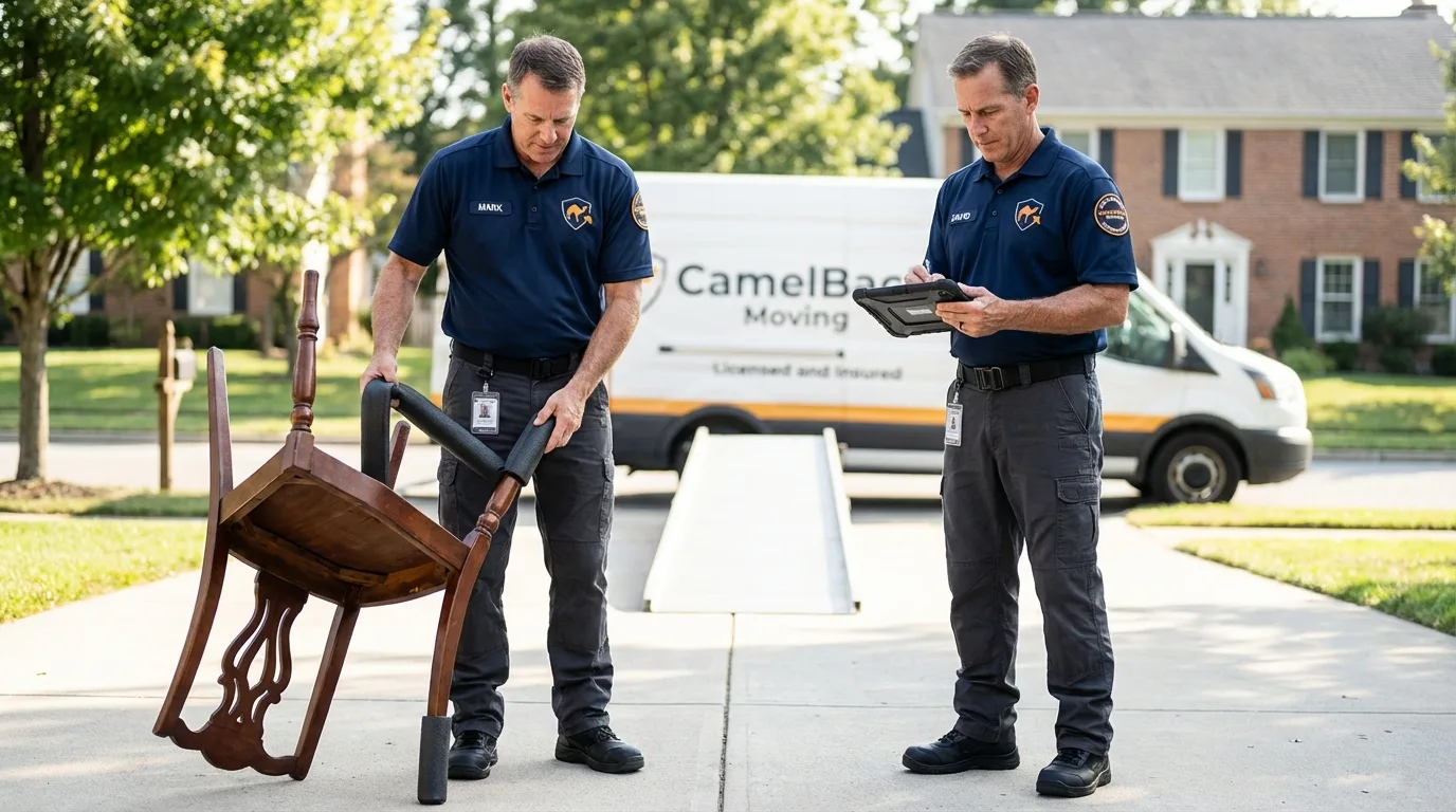 Movers inspecting furniture for damage prevention before loading in Front Royal, VA