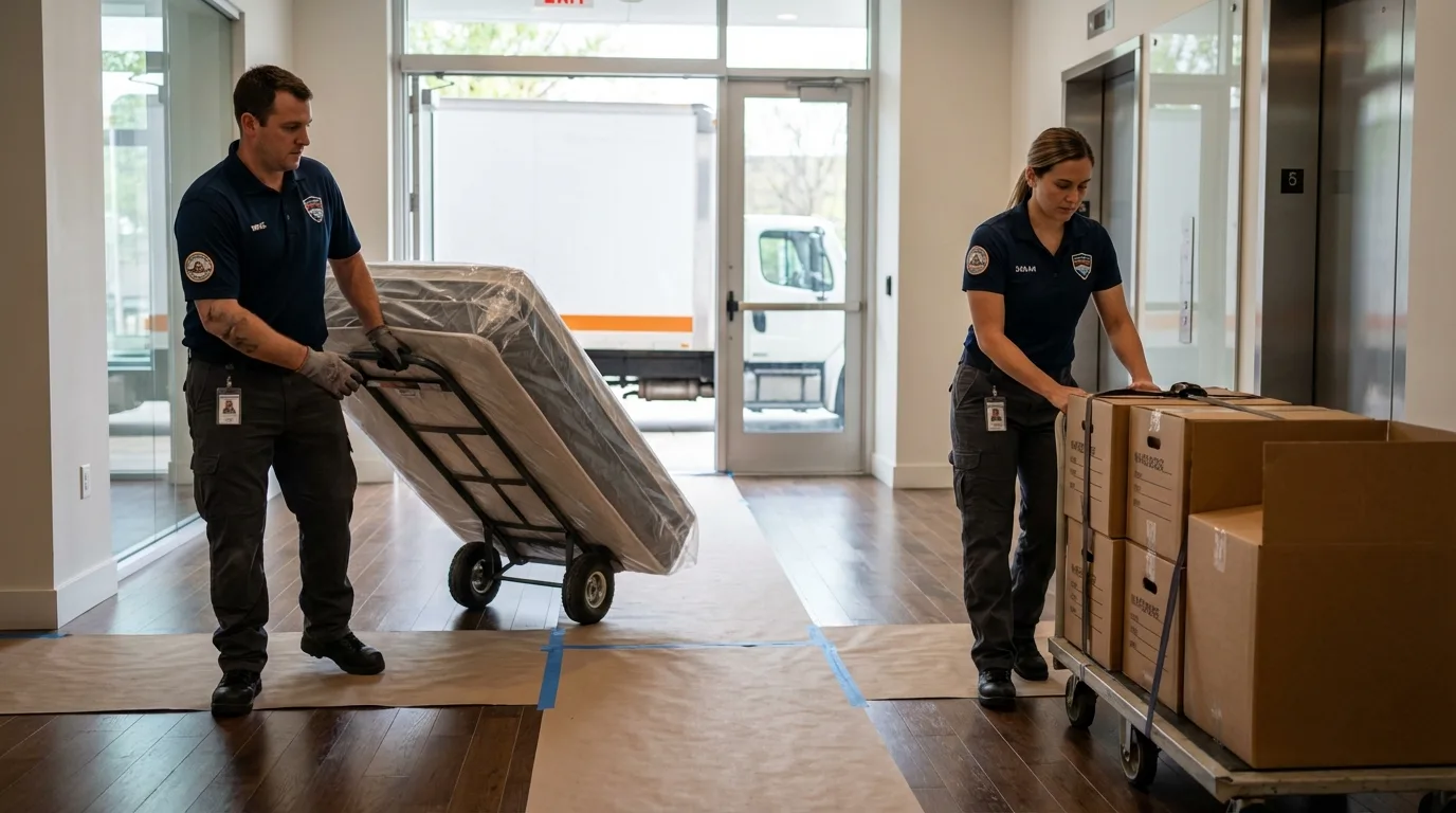 Professional apartment movers loading elevator in Front Royal, VA